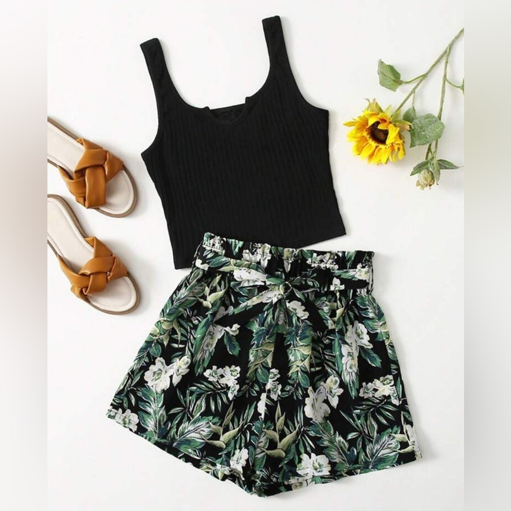 Teen Girls Rib Knit Tank Top & Tropical Print Shorts Set